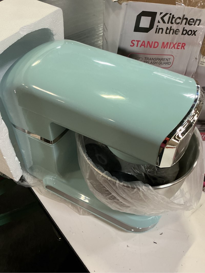 Condition photo showing As Is for kitchen in the box stand mixer,3.2qt small electric food mixer,6 speeds portable lightweight kitchen mixer for daily use with egg whisk,dough hook,flat beater blue