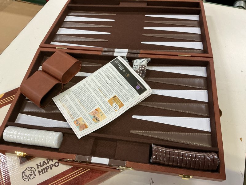 Condition photo showing Good Condition for Backgammon Board Game, Deluxe Leather Like Case, Felt Interior, Brown, Classic Backgammon Game, Popular Board Game, Board Games (Large (18"))