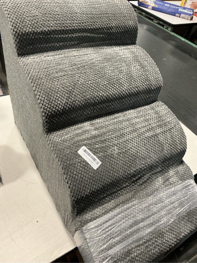 Condition photo showing Good Condition for EHEYCIGA Curved Dog Stairs Ramp for High Beds 19.7" H, 4-Step Dog Steps for Small Dogs and Cats, Pet Stairs for High Bed Climbing, Non-Slip Balanced Pet Step Indoor, Grey Fleece-Grey 4-Step