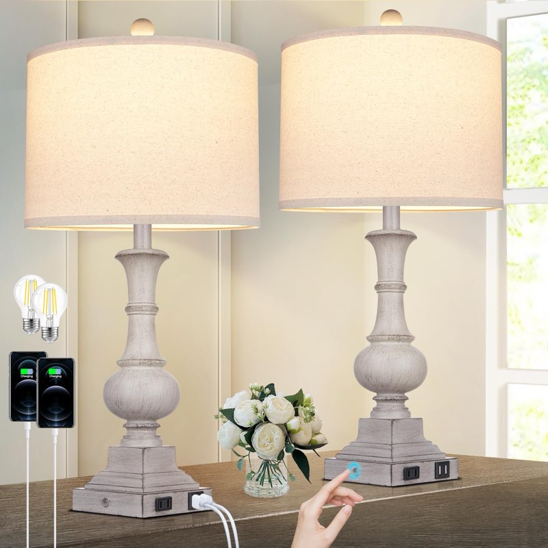 26" Farmhouse Table Lamps, Table Lamps For Living Room Set of 2 with USB A+C Ports & AC Outlet, Vint