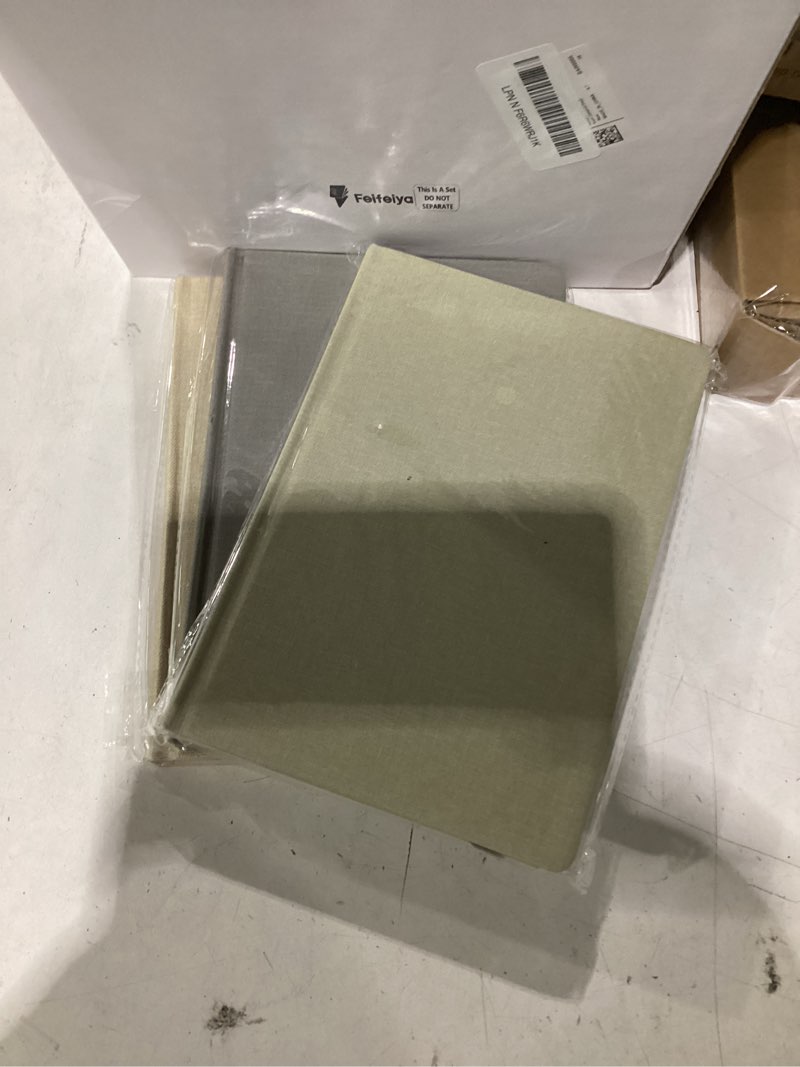 Condition photo showing New/Like New for feifeiya 3 pieces faux decorative books set for home decor 8.5" x 5.7" stacked linen notebook for shelves coffee table display with wood bead bookend gift for mantle living room(classical grey)