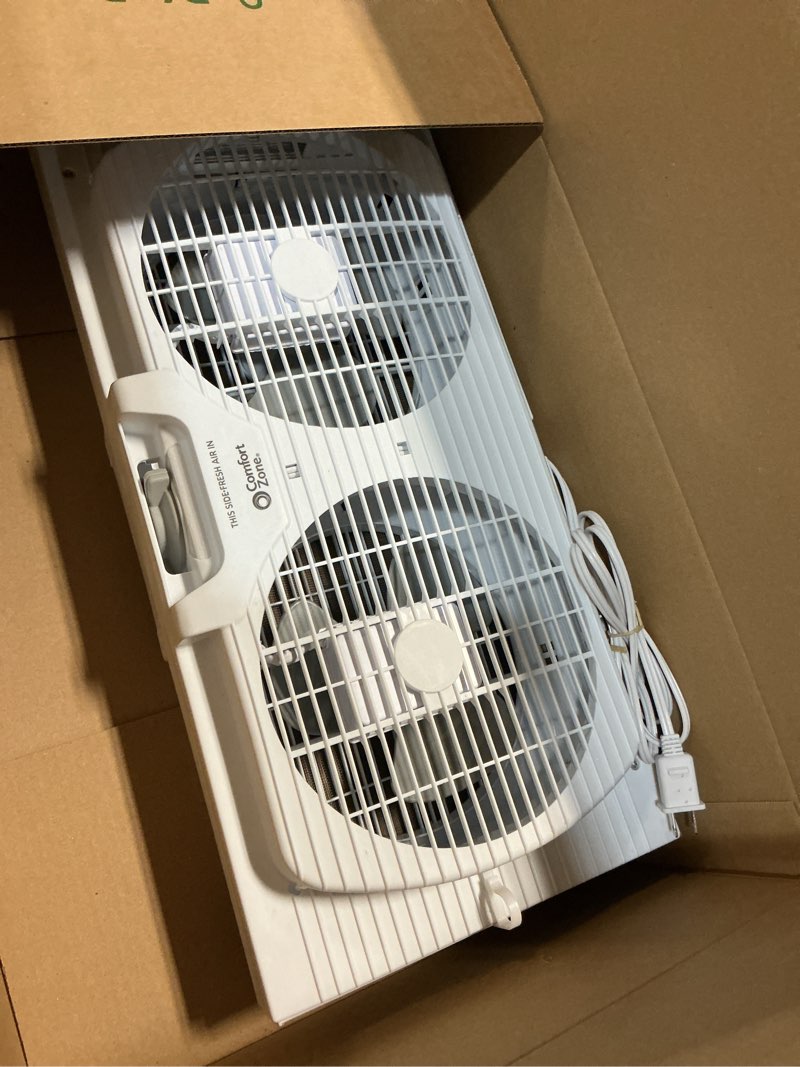 Condition photo showing Good Condition for comfort zone window fan for bedroom, 9 inch 3 speed dual fans with auto-locking expanders, window exhaust fan, removeable bug screen, white white 3-speed