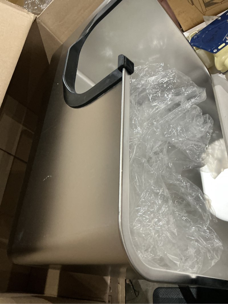 Condition photo showing As Is for high-sided stainless steel enclosed cat litter box, extra large for large cats, xl metal pet litter tray with wheels for easy mobility