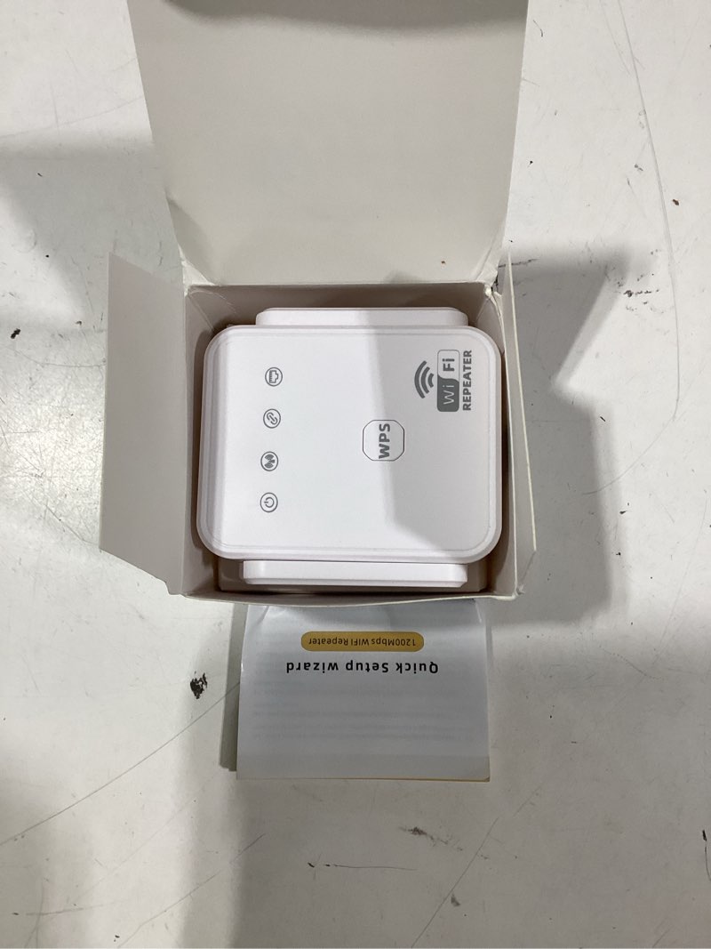 Condition photo showing As Is for 1200mbps wifi extender signal booster for home, dual band 5ghz/2.4ghz wireless internet repeater with 4 external antennas, covers up to 3600 sq.ft & supports 80 devices, ap mode with ethernet port white