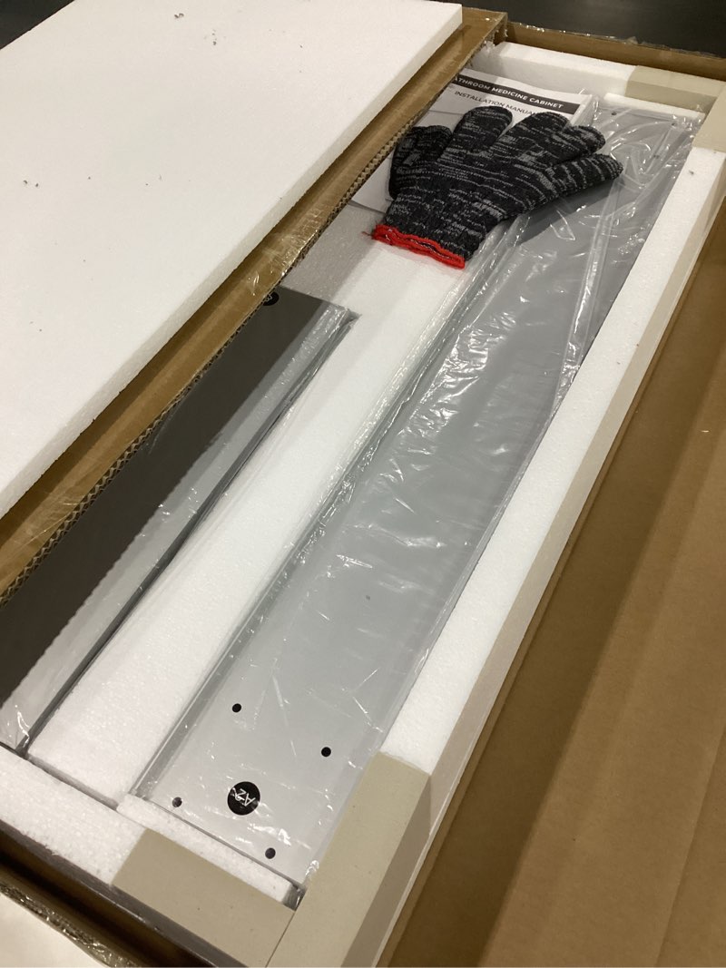 Condition photo showing New/Like New for TETOTE 15 x 26 Bathroom Mirror with Storage with Tempered Beveled Mirror Silver Medicine Cabinet Aluminum Cabinet DTC Hinges, Stepless Adjustable Shelves, Recessed/Surface-Mounted 26"L x 15"W Silver