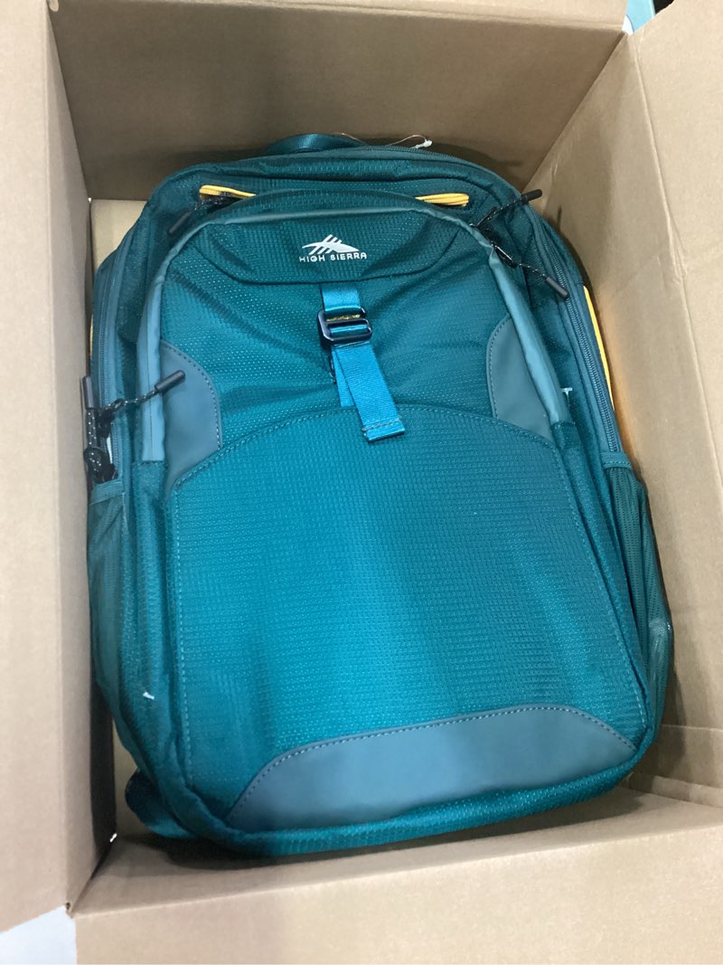 Condition photo showing Good Condition for high sierra hi-life 3-in-1 convertible backpack - features removable daypack, stack-it strap, adjustable sternum strap, fleeced pocket for scratch protection, dual water bottle pockets - green/yellow 3-in-1 convertible green/yellow
