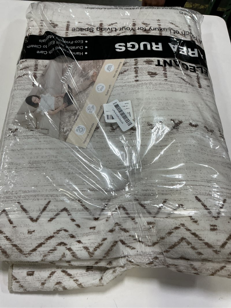 Condition photo showing Good Condition for Large Living Room Area Rug 5x7: Soft Machine Washable Boho Moroccan Farmhouse Rugs for Bedroom Under Dining Table - Non-Slip Neutral Morden Indoor Floor Carpet for Home Office - Brown/Cream Light Brown/Cream 5' x 7' (Rectangular)