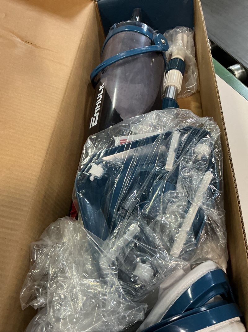 Condition photo showing As Is for pool vacuum for above ground pool with a telescopic pole, running time up to 1h, handheld rechargeable pool cleaner with powerful suction up to 18.5 gallons/min, ideal for leaves & debris, pc10 pc10 blue