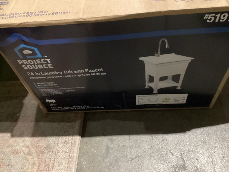 Condition photo showing As Is for tm  project source  24-in laundry tub with faucet  recipiente para lavar ropa con grito de 60.96 cm  white finish