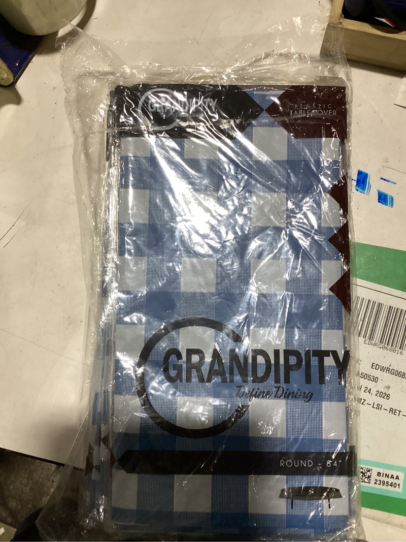 Condition photo showing New/Like New for grandipity 12 pack premium disposable plastic picnic tablecloth 84" inch decorative round table cover - blue checkered gingham blue gingham checkered 84in. round
