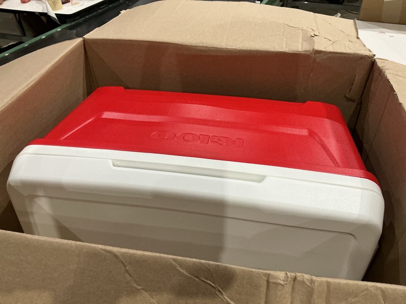 Condition photo showing As Is for igloos laguna ice chest cooler, ultratherm insulation, cool riser technology, swing-up handles, stain-resistant liner, eco-friendly thermecool foam, leak-resistant