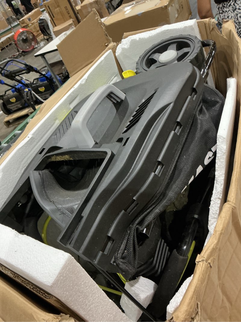 Condition photo showing As Is for 40v electric lawn mower, 16-inch cordless lawn mower, 2-in-1 lawn mower with 5-position height adjustment, 10.6 gallon bag, small lawn trimmer, battery
