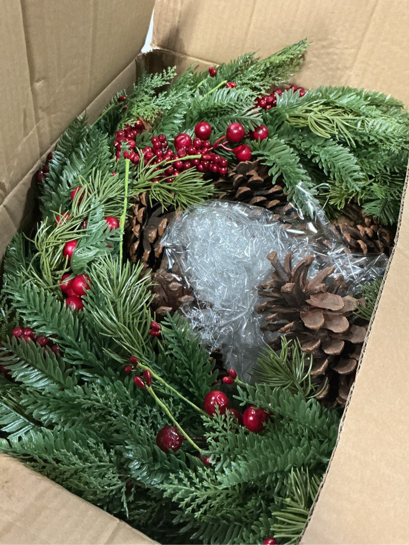 Condition photo showing As Is for 22’’ Artificial Christmas Wreath Norfolk Pine Wreath for Front Door with Pine Needles Red Berries Big Pinecones Christmas Decorations for Winter Farmhouse Wall Indoor Outdoor Home Holiday Xmas Decor Green and Red