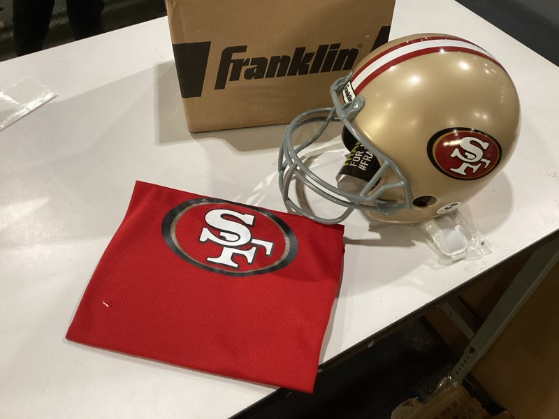 Condition photo showing New/Like New for Franklin Sports NFL Kids Helmet + Jersey Sets - Youth NFL Team Uniform Sets - Costume Set - Helmet, Jersey + Chinstrap-Medium San Francisco 49ers