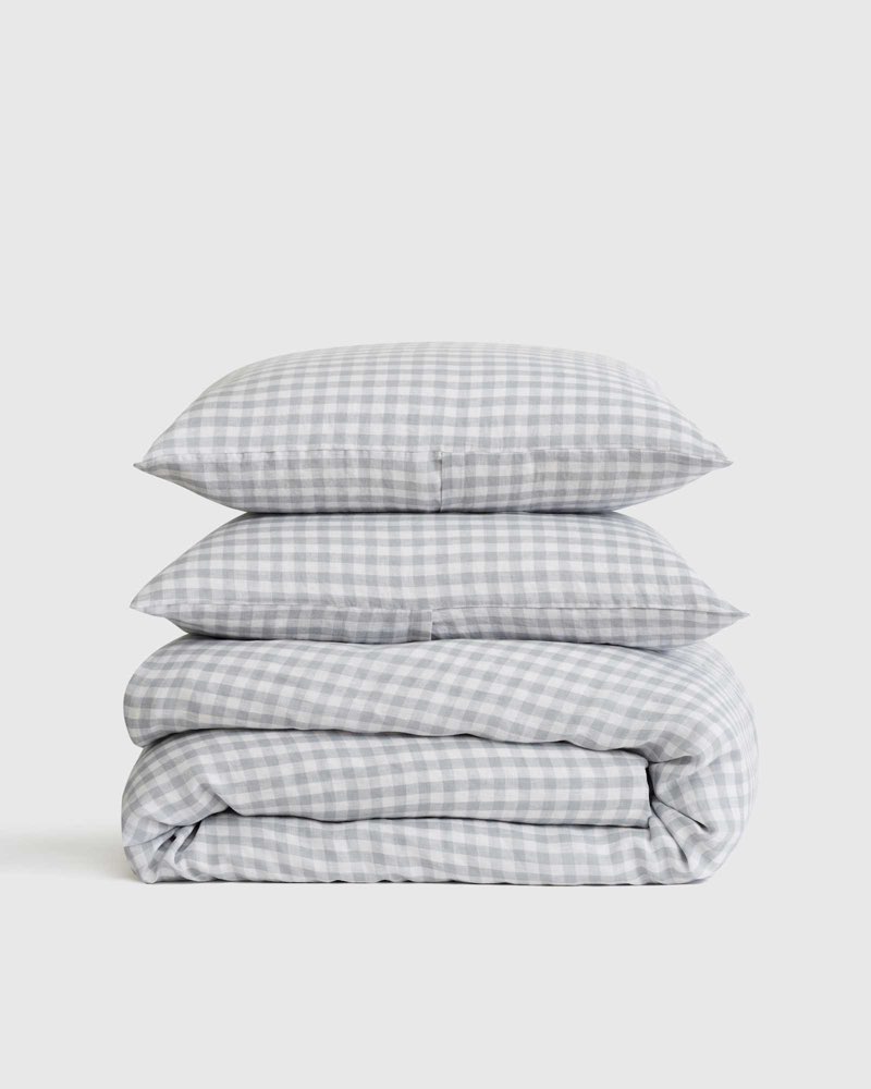 European Linen Gingham Duvet Cover Set in Blue Fog full/queen