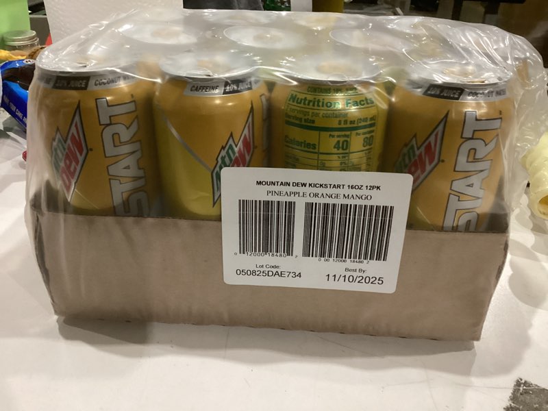 Condition photo showing New/Like New for Mountain Dew Kickstart, Pineapple Orange Mango, 90mg Caffeine, Vitamins B & C, 80 Calories, 10% Juice, 16 fl oz (Pack of 12) Pineapple Orange Mango 16 Fl Oz (Pack of 12)