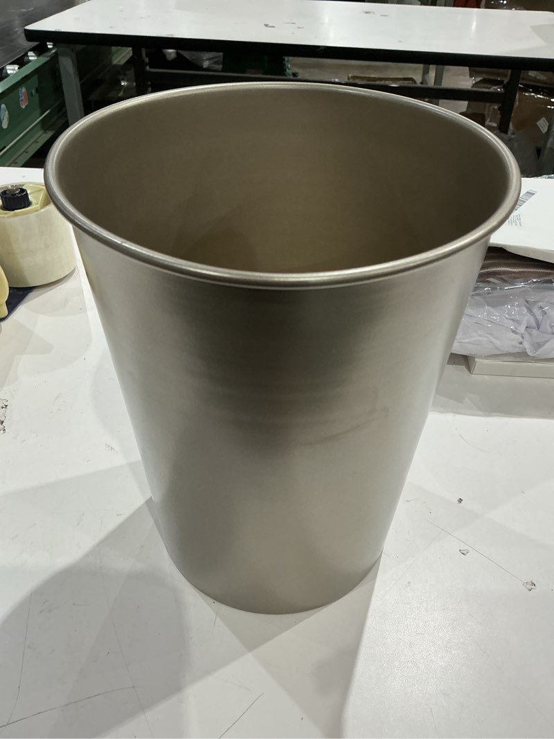 Condition photo showing As Is for monarch abode metal bathroom trash can – waste basket for bedroom, office desk, & dorm, handcrafted, durable decorative pewter small trash can bathroom garbage bin wastebasket standard pewter