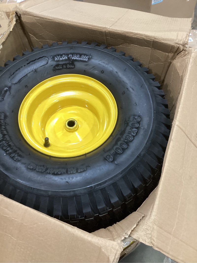 Condition photo showing Good Condition for (2-pack) 20x8.00-8 rear tire and wheel assemblies - 4 ply tubeless tire compatible replacement for riding lawn mowers - 3/4" borehole, 3.5" offset hub and 3/16" keyway 20 x 8.00-8" tubeless (offset hub) yellow