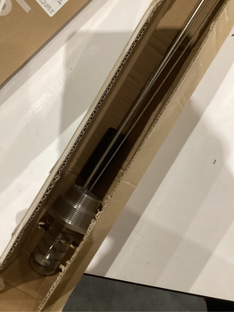 Condition photo showing As Is for oil tank gauge for 275 & 330 gallon vertical, float level measure, 1-1/2" and 2" male npt thread,designed for heating home oil tanks with depth of 42" to 44" with clear dial
