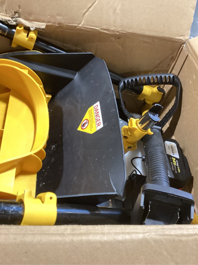 Condition photo showing As Is for electric snow shovel, 21000rpm cordless snow blower, 13" snow blower with 2 powered 24v batteries, lightweight for easy snow removal on steps,patio,driveway,home,yellow