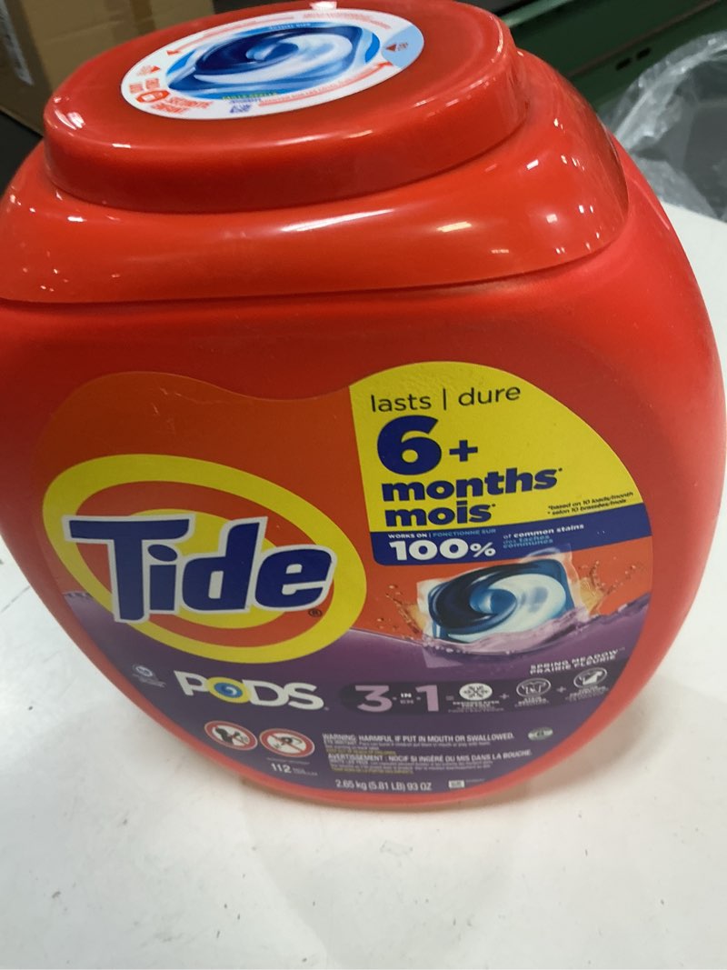 Condition photo showing New/Like New for tide pods laundry detergent pacs, 3-in-1 stain remover, odor fighter, color protector, 112 count, he compatible, spring meadow scent spring meadow 112 count (pack of 1)