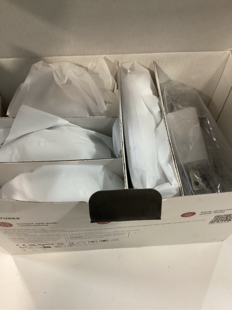 Condition photo showing New/Like New for x-sense wi-fi water leak detector, smart water sensor alarm, water detector alarm with 1700 ft transmission range for kitchens, basements, bathrooms, 3 water detectors & 1 base station, model sws54 3 sensors (110 db) + base station