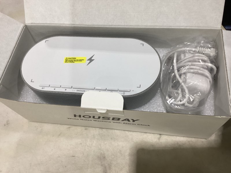 Condition photo showing Good Condition for housbay 3 in 1 sound machine alarm clock& wireless charger: soothing white noise, bluetooth music relaxation & customized sleep-wake routine grey