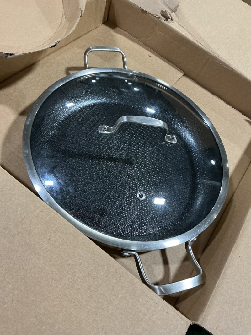 Condition photo showing As Is for Inqibee 12-Inch Hybrid Tri-Ply Stainless Steel Non Stick Paella Pan with Lid,Stir Fry Pan,Omelet Pan,Large Skillet,Induction Cooking Pan,Dishwasher and Oven Safe. 12 Inch with Lid