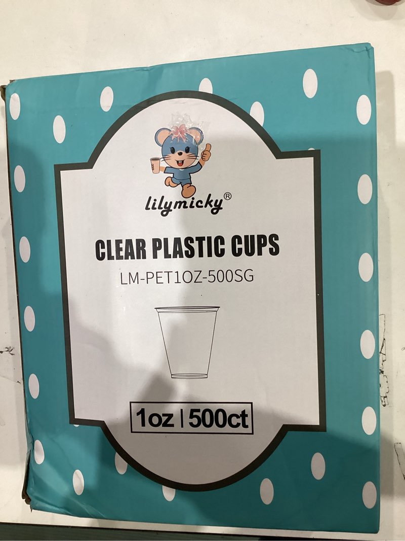 Condition photo showing New/Like New for lilymicky 500 pack 1 oz plastic shot glasses, 1 ounce clear disposable party cups for vodka, whiskey, tequila, mini plastic containers for sauce, and sample tasting 1 oz - 500 count