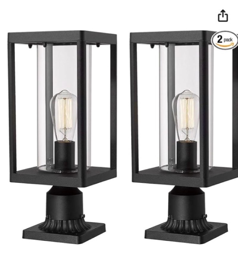 Beionxii Outdoor Post Lantern, 20inch Large Modern Lamp Post Light Fixture Exterior Pillar Lights with Pier Mount Base, Black Cast Aluminum w/Clear Cylinder Glass - A291P-2PK (NOT Solar, 110-120V AC)
