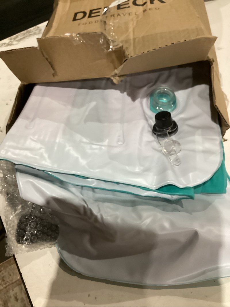 Condition photo showing As Is for Inflatable Toddler Travel Bed - 60 Inches Portable Toddler Bed for Travel with Safety Sides - Cozy Kids Air Mattress Set with High-Speed Pump & Carry Case - Easy to Inflate(Teal Blue) Teal Blue 60IN