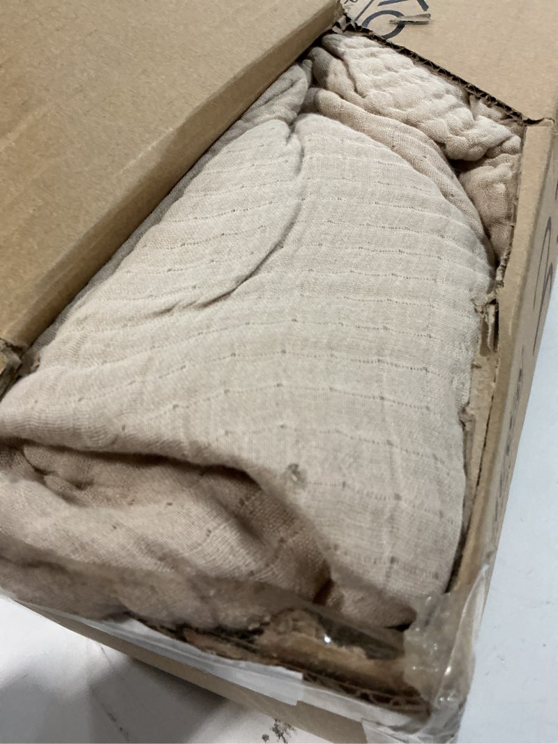 Condition photo showing As Is for 100% cotton king size blankets for bed 108" x 90", 6 layers cooling and soft muslin throw blanket, lightweight quilt bedspread coverlet, gauze blanket for adults all season, linen beige 01 - beige king(108" x 90")