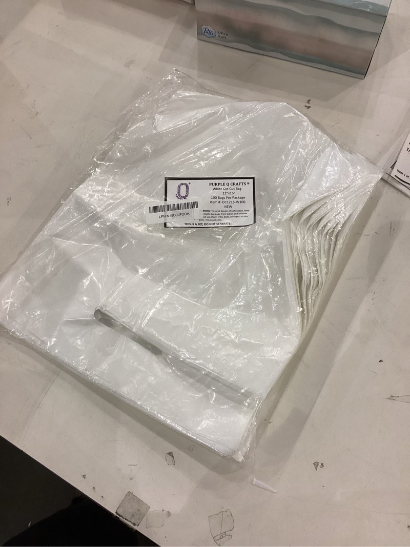 Condition photo showing New/Like New for Purple Q Crafts Plastic Bag With Die Cut Handle Bag 12" x 15" White Plastic Merchandise Bags 100 Pack for Retail, Gifts, Trade Show and More