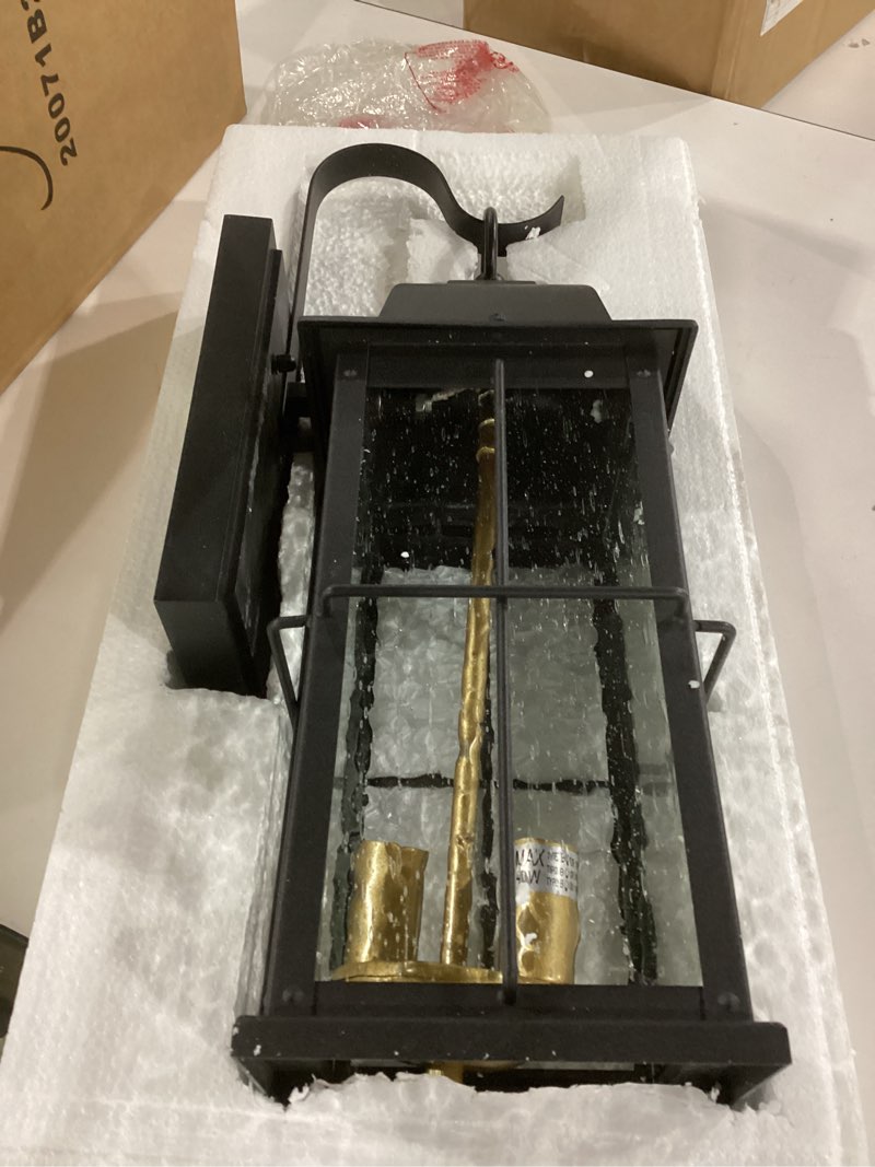 Condition photo showing As Is for zeyu exterior porch light fixtures, 17 inch outdoor wall sconce for house in black and gold finish with seeded glass shade, 20071b2 black and gold 17'' - seeded glass