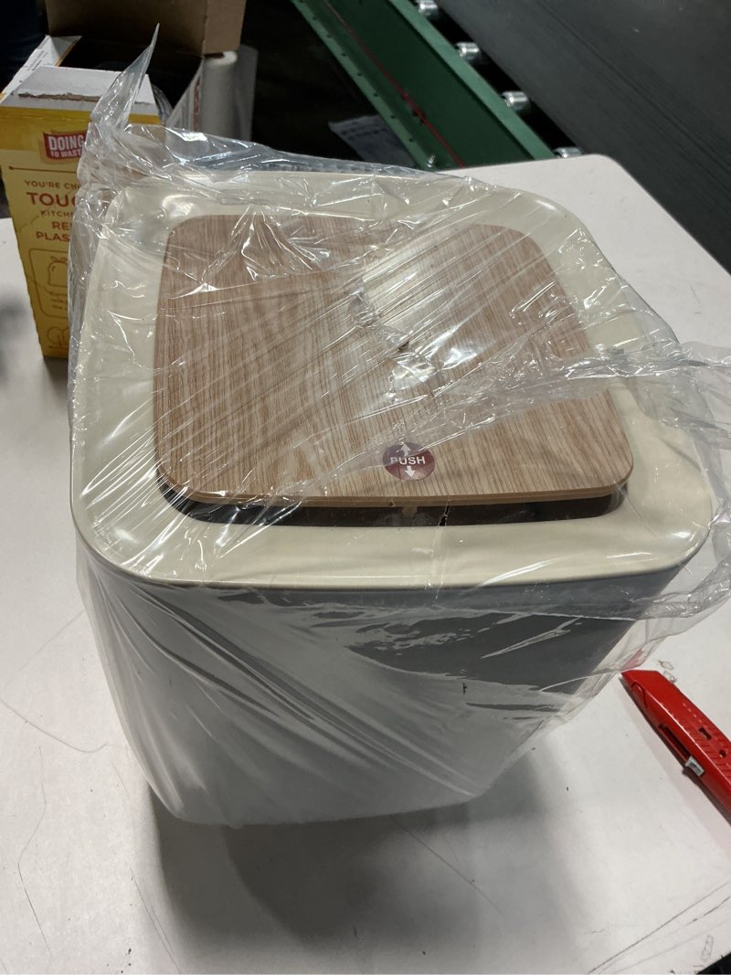 Condition photo showing New/Like New for Bathroom Trash Can with Lid,2.6 Gallon Modern Office, Near Desk Bedroom Garbage Can Waste Basket with Push Top,Nordic Small Trash Bin for Living Room, Toilet, Nursery,Dog Proof, White 2.6Gallon