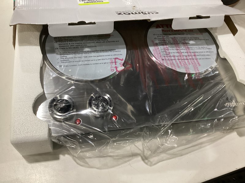Condition photo showing Good Condition for cusimax 1800w double hot plate, stainless steel silver countertop burner portable electric double burners electric cast iron hot plates cooktop, easy to clean, upgraded version c180n double silver, not tested