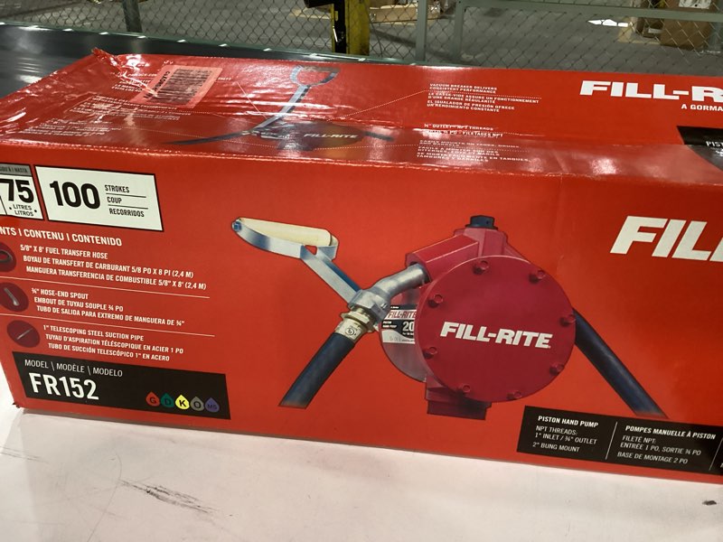 Condition photo showing New/Like New for fill-rite fr152 piston hand pump with hose & nozzle spout, red piston pump w/accessories
