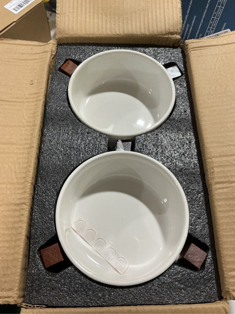 Condition photo showing New/Like New for havniva 6.1" elevated dog bowls ceramic raised dog bowl with non-slip stand (acacia wood) two height options, dog food & water bowl for small & medium breed dogs - 3.4 cups 27 oz 3.4cups double bowls with stand- arctic white