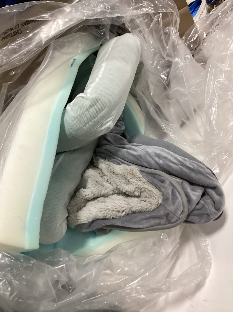 Condition photo showing As Is for Furhaven Cooling Gel Dog Bed for Medium/Small Dogs w/ Removable Bolsters & Washable Cover, For Dogs Up to 35 lbs - Pinsonic Quilted Paw L Shaped Chaise - Titanium, Medium 30.0"L x 20.0"W x 6.0"Th (Quilted Paw) Titanium