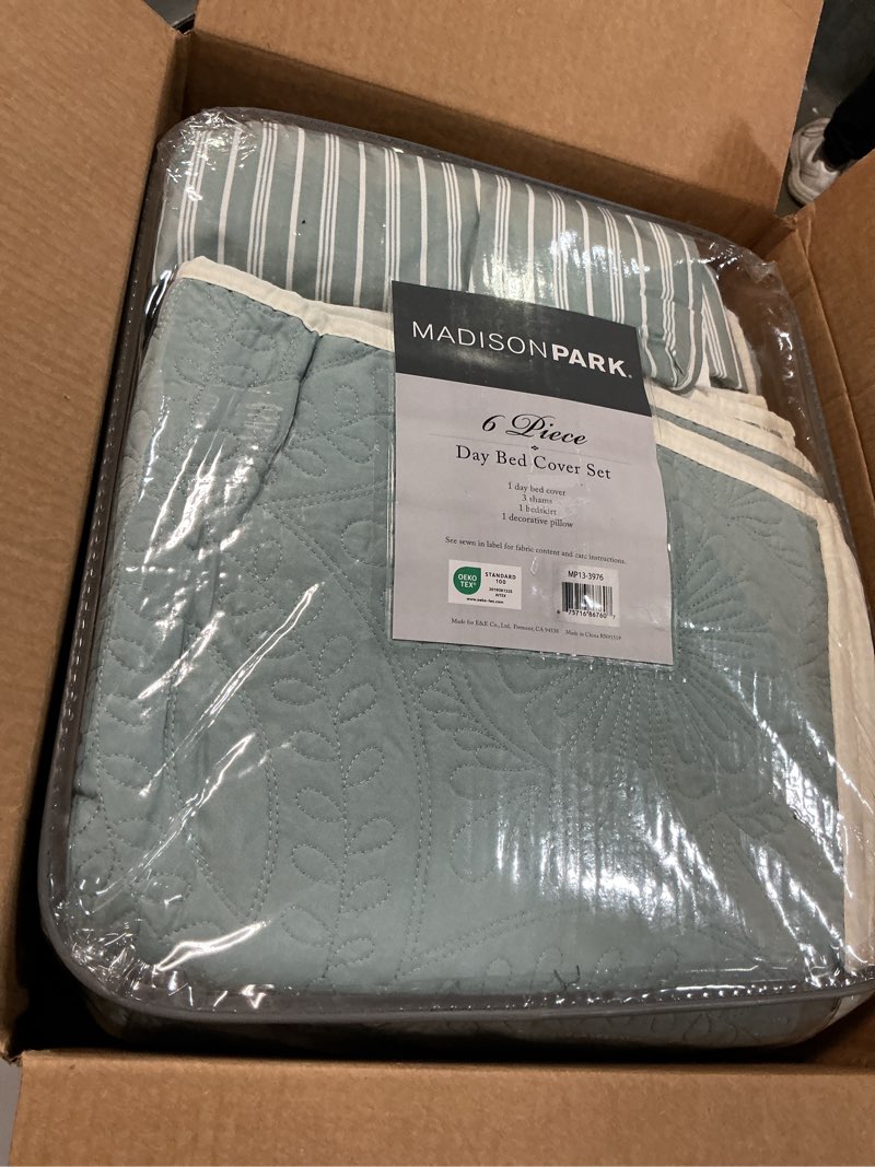 Condition photo showing Good Condition for Madison Park Daybed Cover Set - Trendy Design, All Season Luxury Bedding with Bedskirt, Matching Shams, Decorative Pillow, Floral Medallion Quilted Blue 75"x39" 6 Piece Peyton Blue 75"x39"