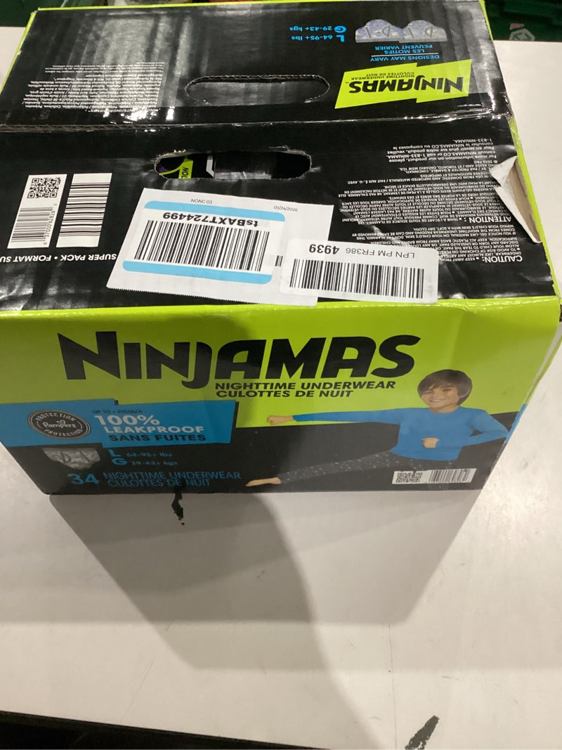 Condition photo showing New/Like New for ninjamas boys bedwetting nighttime underwear, size l (64-95+ lbs), 34 count, overnight protection, ultra absorbent, hypoallergenic large 34