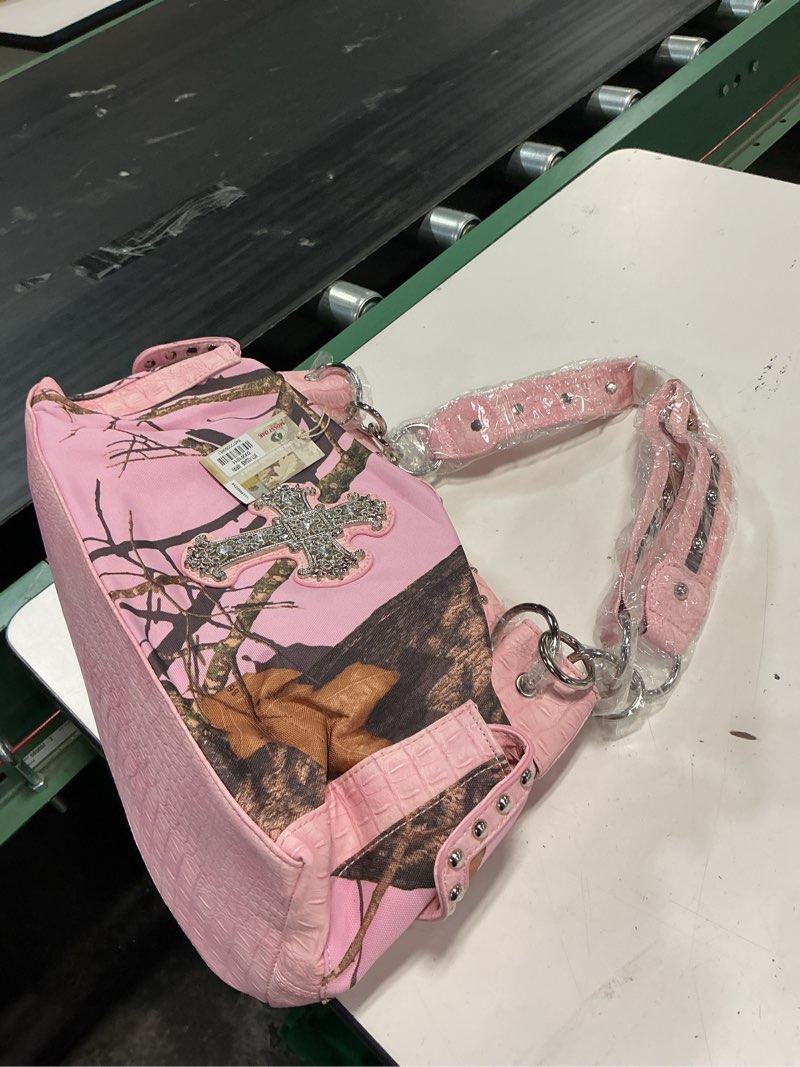 Condition photo showing Good Condition for pink forest camo western purse with cross bling, cellphone holder and concealed carry pocket