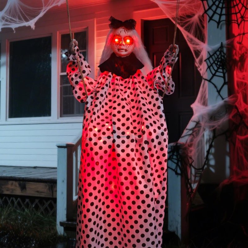 HOMELEX 50 Inch Hanging Swinging Gir White Ghosts Halloween Light-Up LED Eyes Prop Indoor and Outdoo