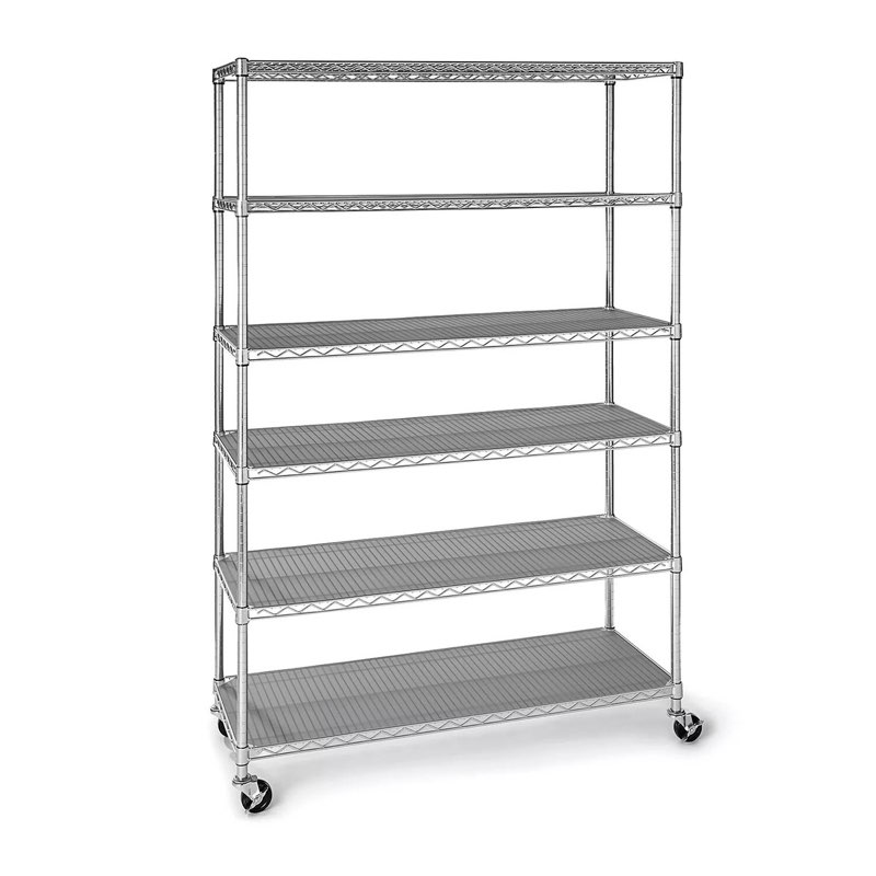 tm  6-tier heavy duty wire shelving with durable shelf inlays  assembled size with wheels:  47.75 w x 18" d x 75.5" ?