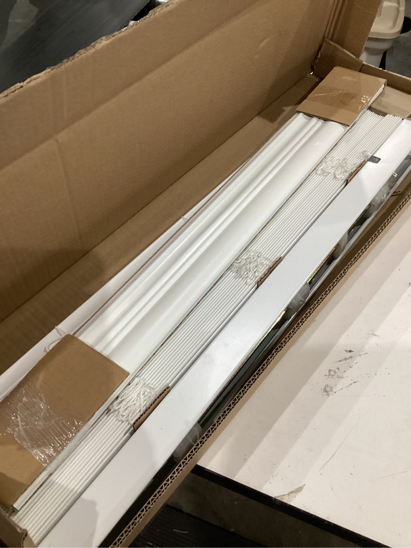 Condition photo showing As Is for lotus & windoware cordless, 2 inch faux wood room darkening blind, 29" wide x 72" long, embossed, bright white