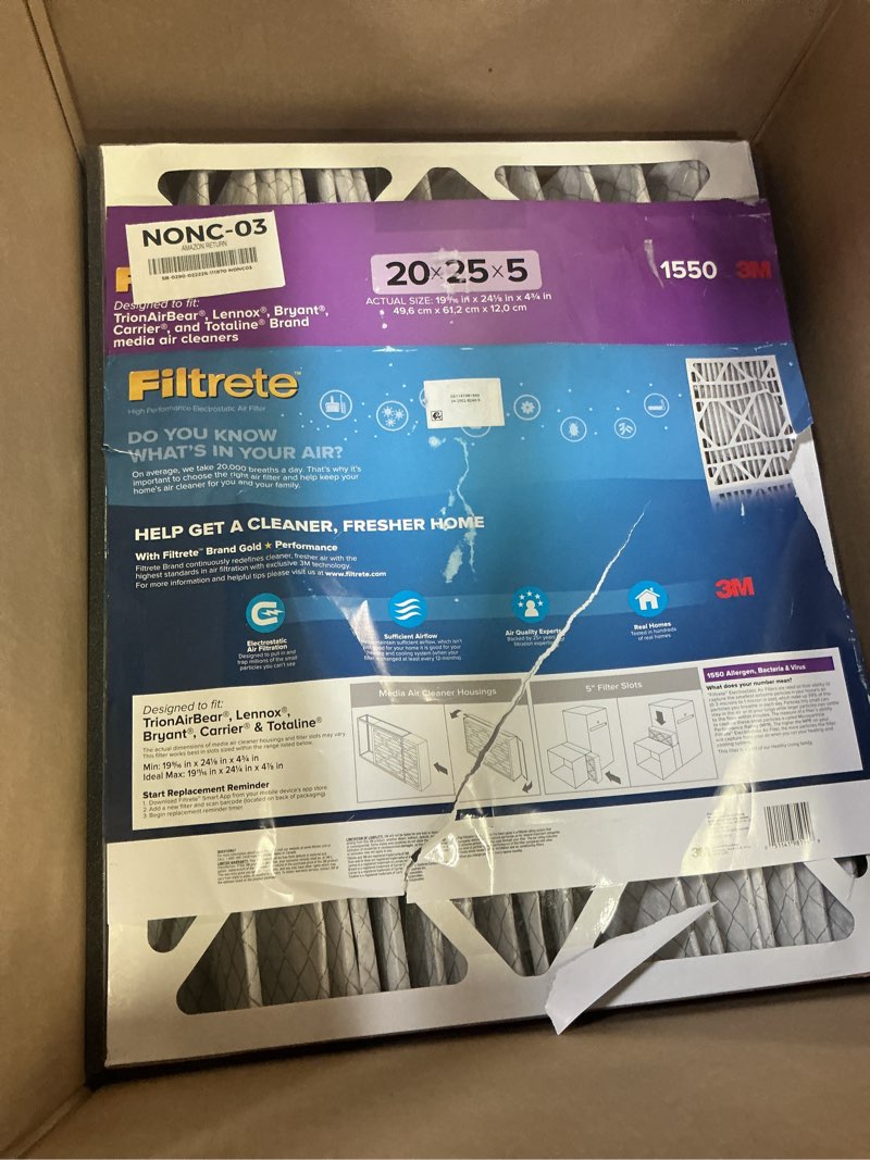 Condition photo showing Good Condition for filtrete 20x25x5 ac furnace air filter, mpr 1550, merv 12, fits trion airbear, certified asthma & allergy friendly, electrostatic air cleaning filter, 1-pack (actual size 19.56 x 24.13 x 4.75) 4.7" x 24.2" x 19.6"