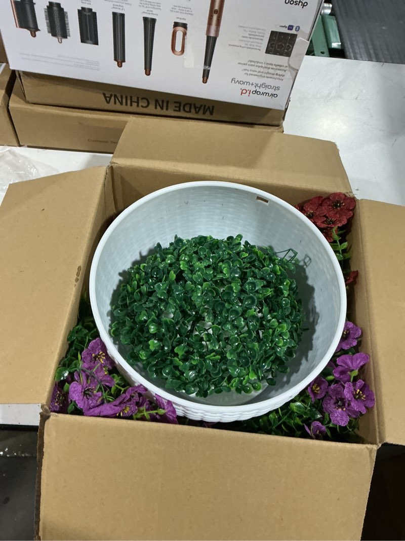 Condition photo showing As Is for hyeflora artificial faux hanging plants flowers basket for outdoor outside spring summer decoration, fake silk uv sun resistant realistic colorful daisy for porch patio balcony home mixed color
