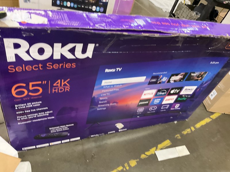 Condition photo showing As Is for Roku Smart TV – 65-Inch Select Series, 4K HDR TV – RokuTV with Enhanced Voice Remote – Flat Screen LED Television with Wi-Fi for Streaming Live Local News, Sports, Family Entertainment