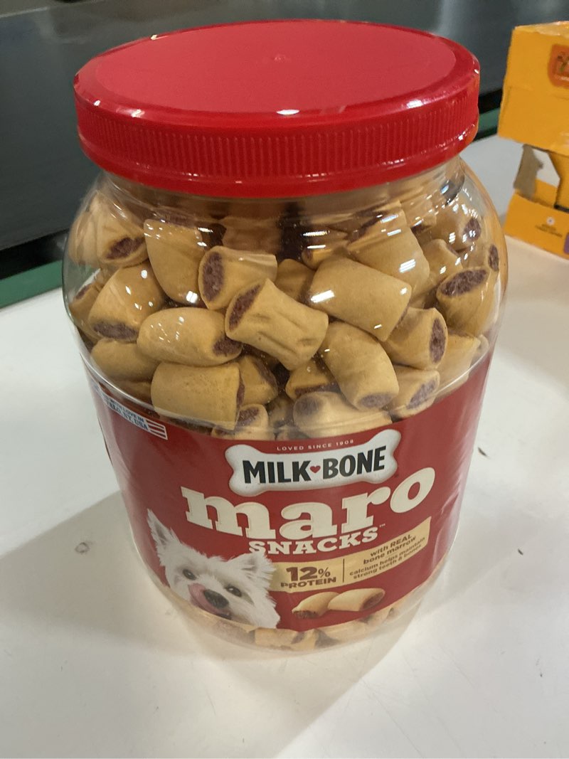 Condition photo showing Good Condition for (best by 07/16/27) milk-bone marosnacks dog treats, beef, 40 ounce with real bone marrow and calcium