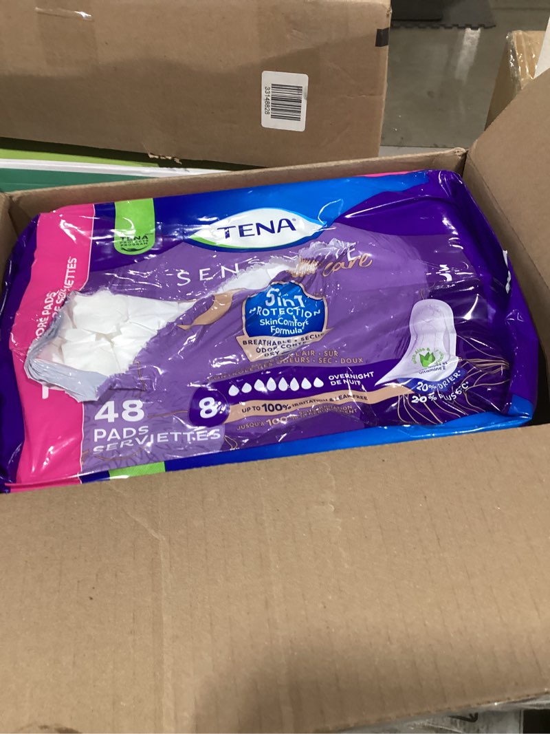 Condition photo showing As Is for Tena Sensitive Care Incontinence Pads, Bladder Control, Postpartum for Women, Overnight Absorbency, Extra Coverage, 48 Count